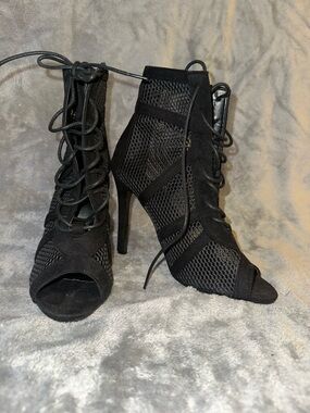 Black Lace-Up Mesh Peep-Toe High Heel Booties